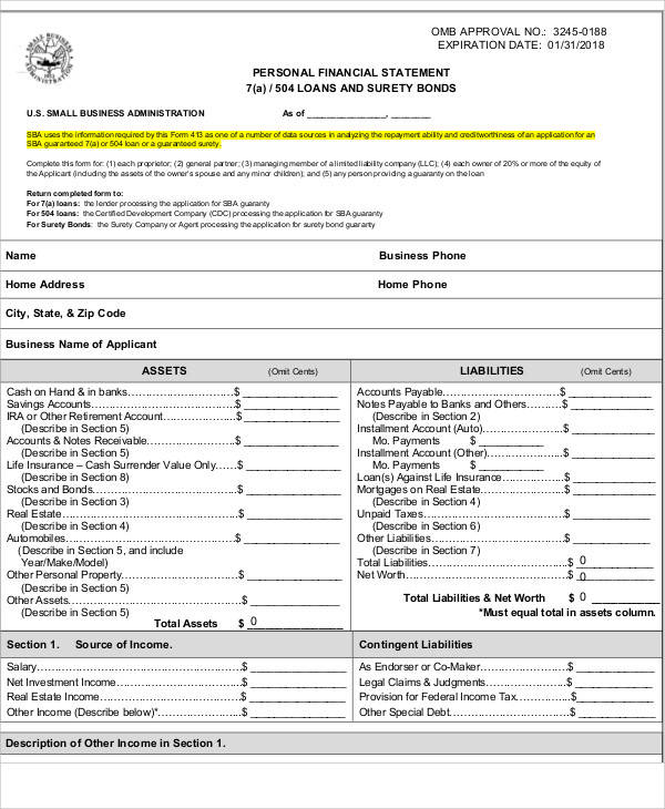 bank personal financial statement form1