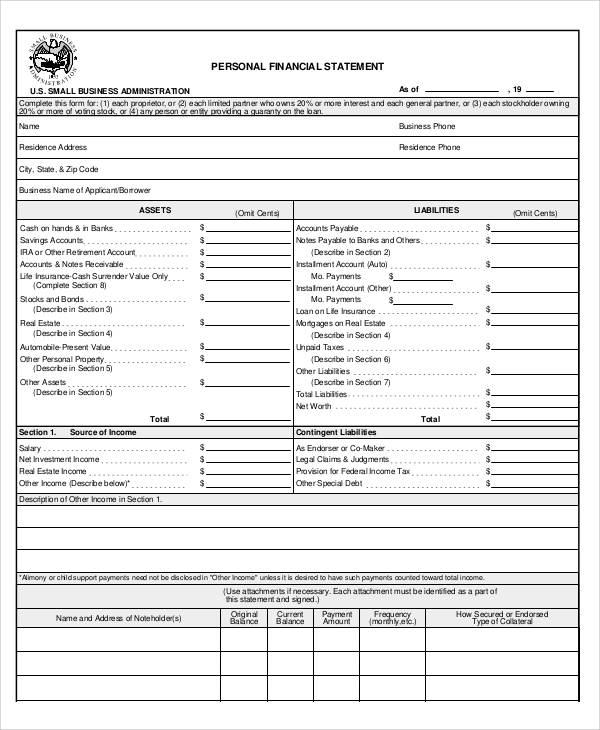 bank personal financial statement form2