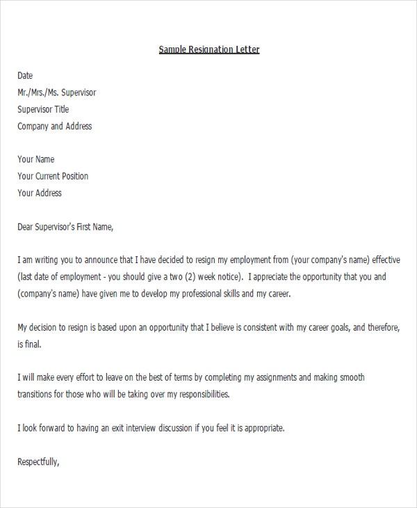basic job resignation letter