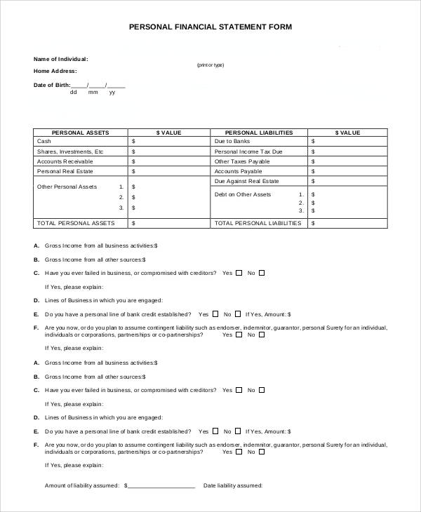 basic personal financial statement form