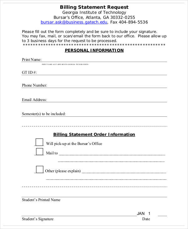 billing statement request form