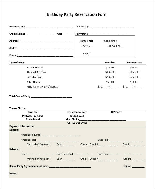 birthday party reservation form1