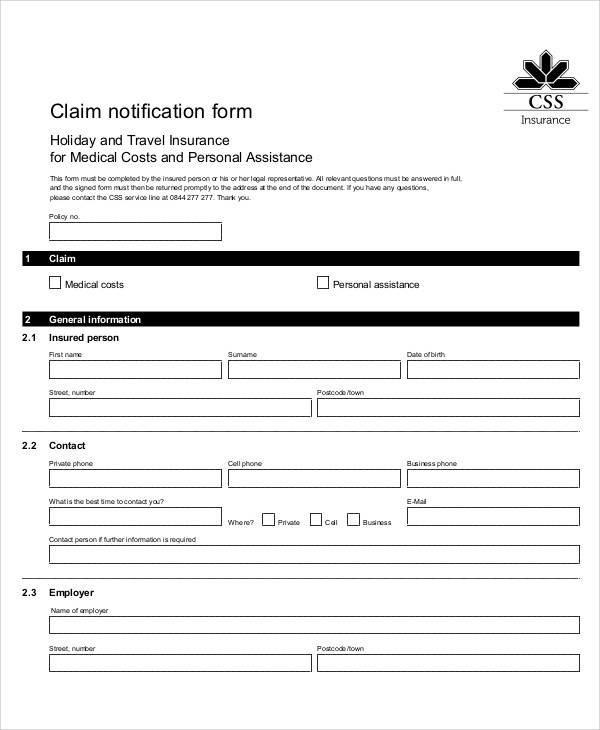 blank claim notification form
