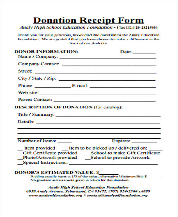 blank donation receipt form