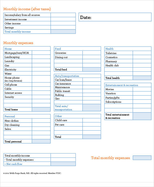 blank home budget form