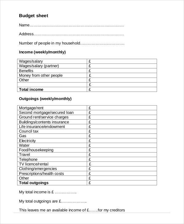 blank household budget form