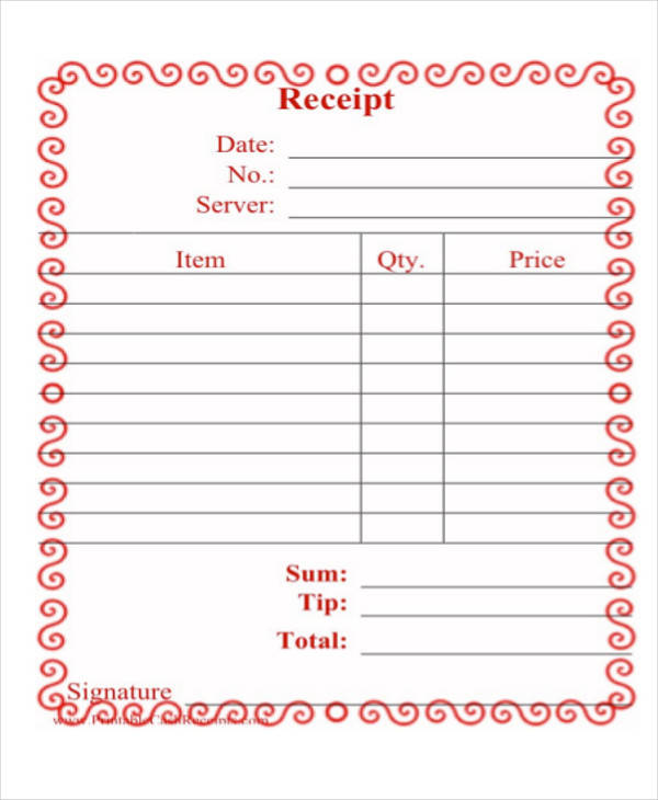blank restaurant receipt form