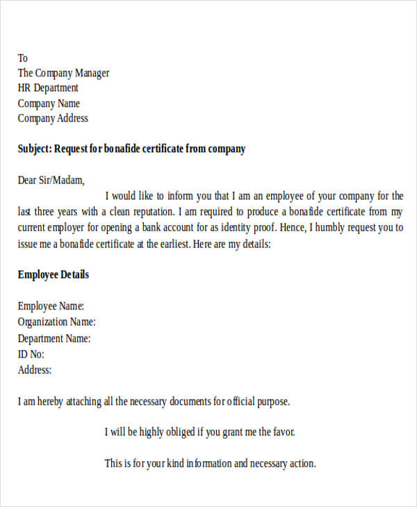 certificate letter by address company Request Formal Letters