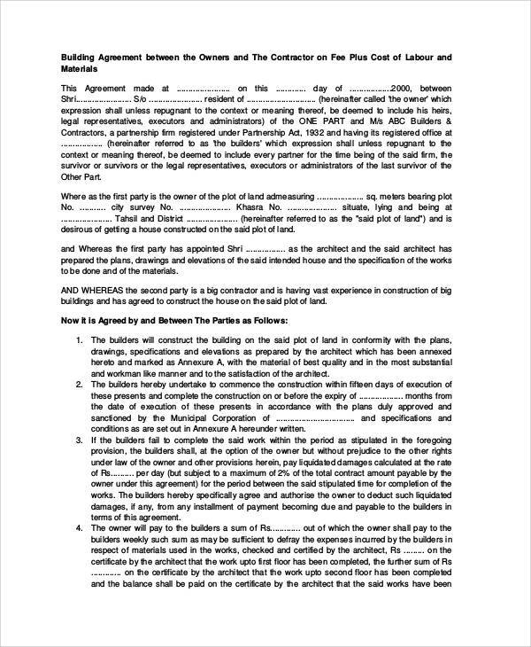 Construction Work Agreement Sample