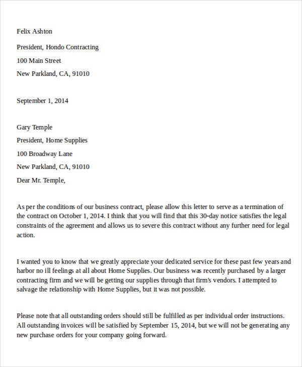 business agreement termination letter