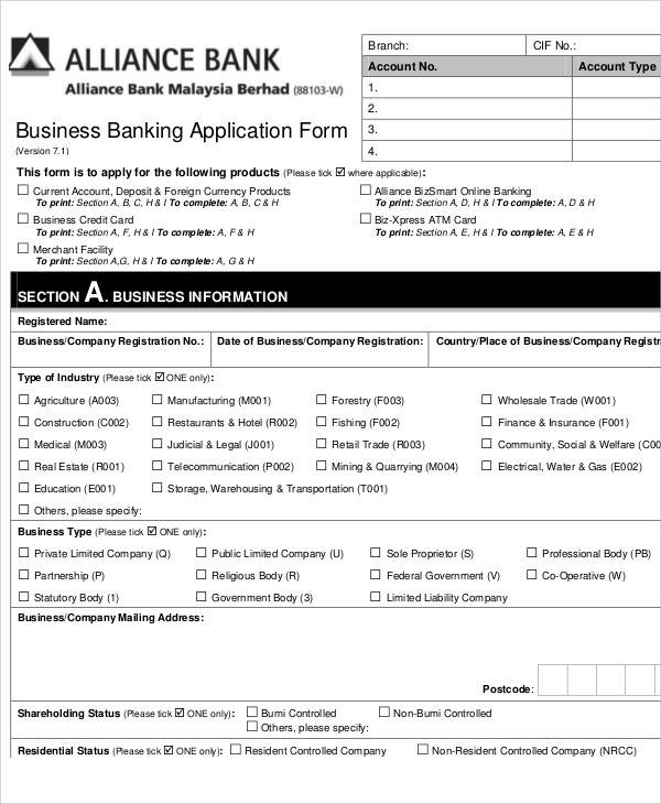 business banking application form