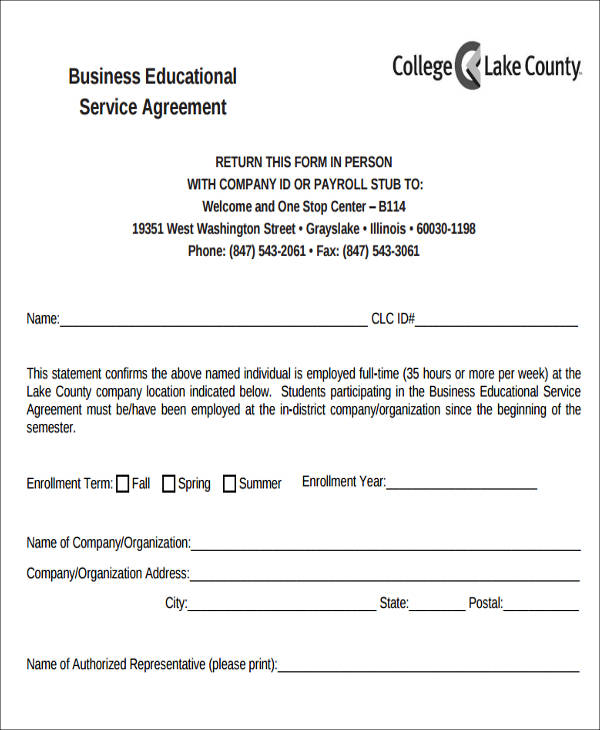 business educational service agreement form