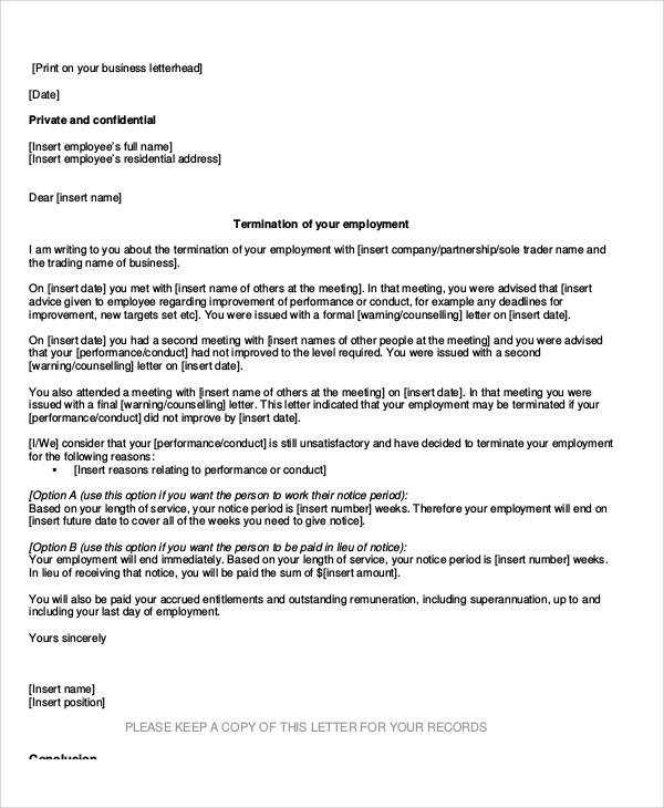 business employee termination notice letter