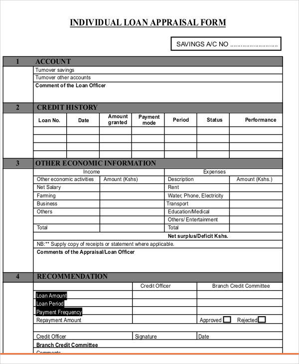business loan appraisal form