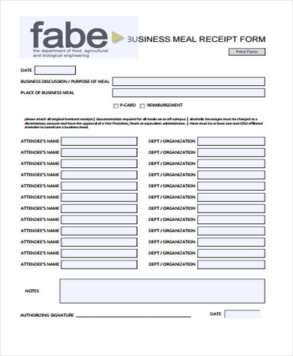 business meal receipt form