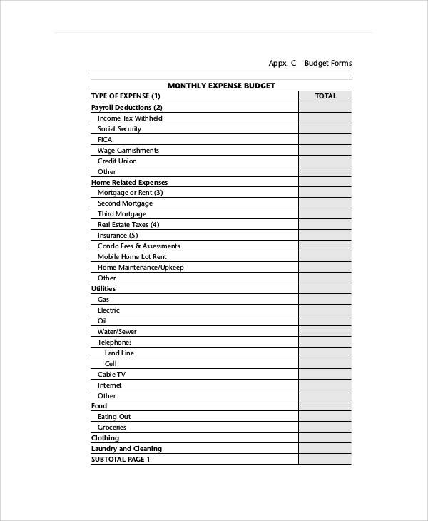 business monthly budget form