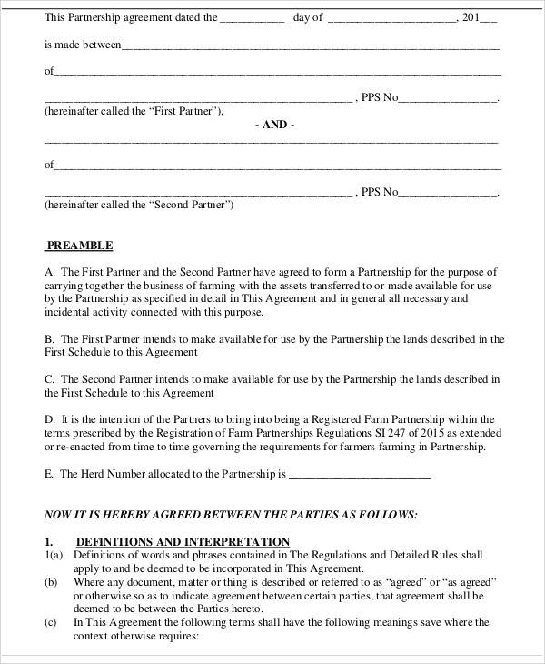 business plan partnership agreement form