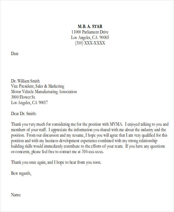 business school interview thank you letter