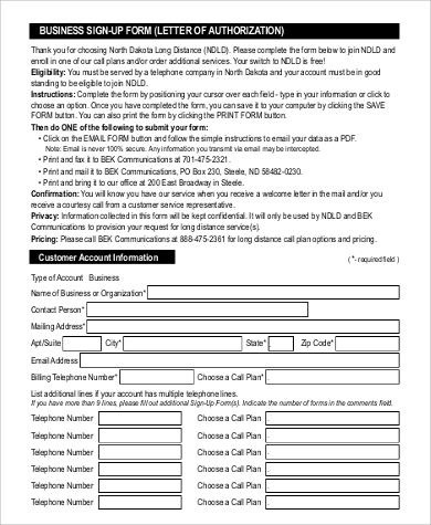 business sign up authorization letter form