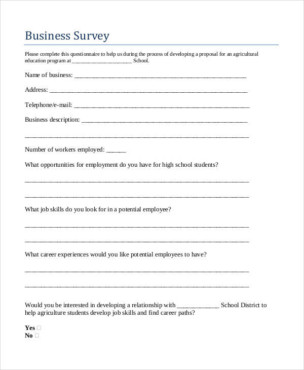 business plan survey questionnaire sample