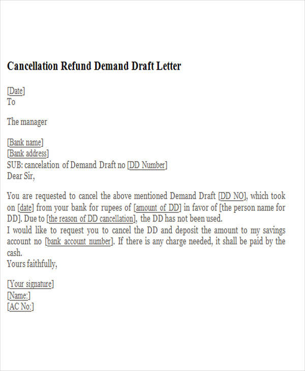 cancellation refund demand draft letter