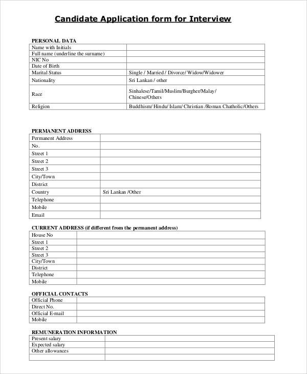 candidate interview application form
