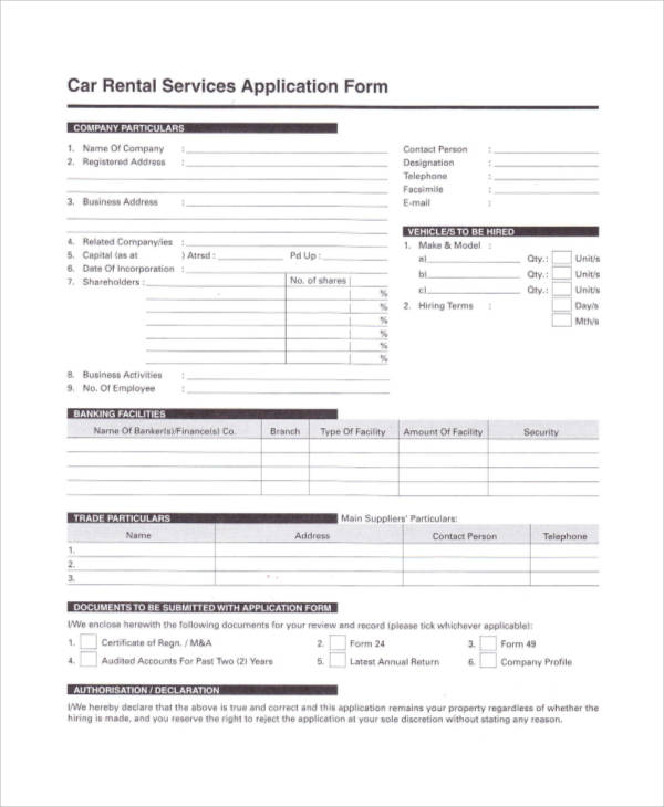 car rental services application form