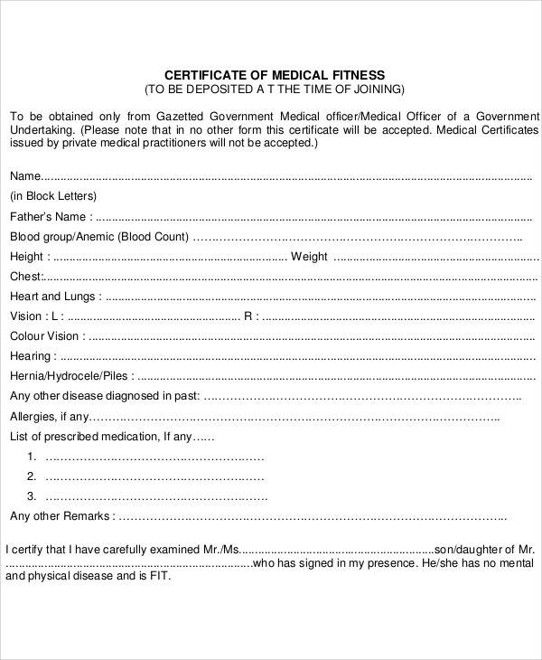 certificate of medical fitness form