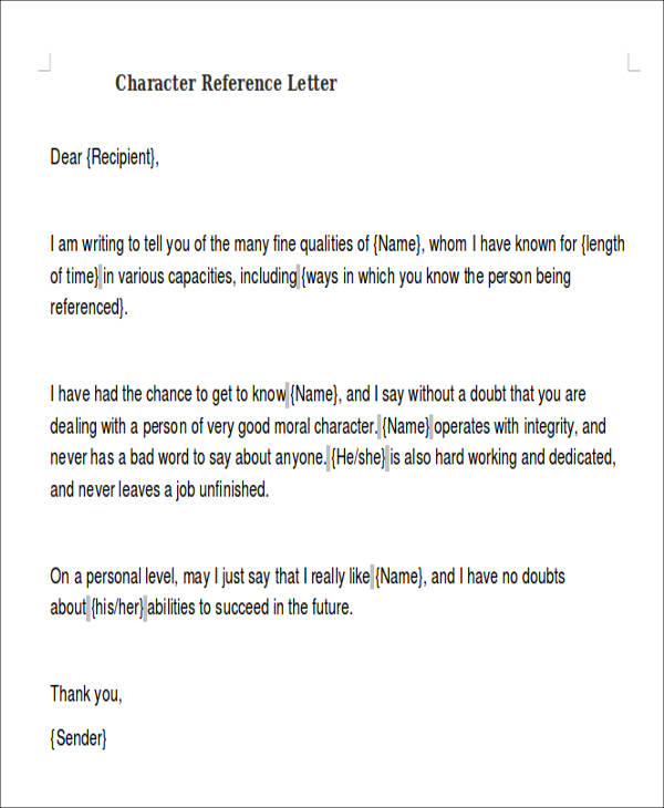character reference letter format 
