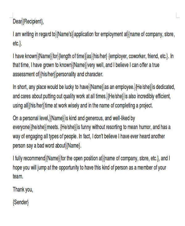 character reference letter for job