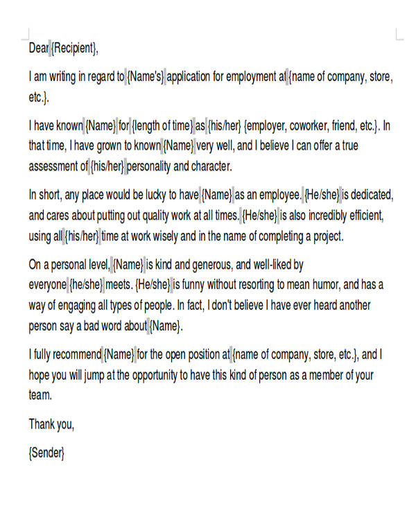 Sample Character Reference Letter From Employer