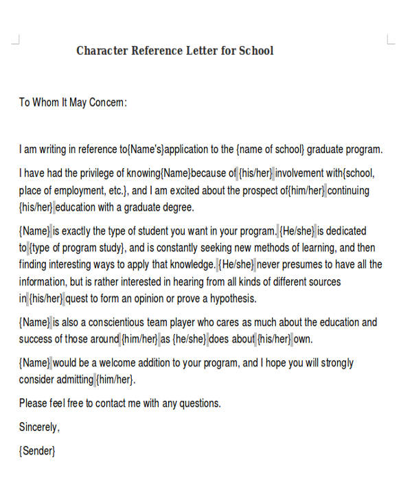 character reference letter for school