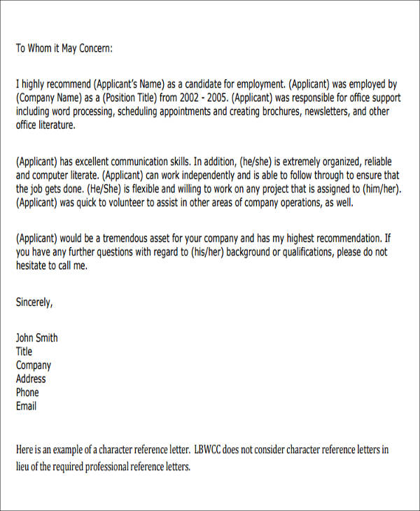 Brief Character Reference Letter