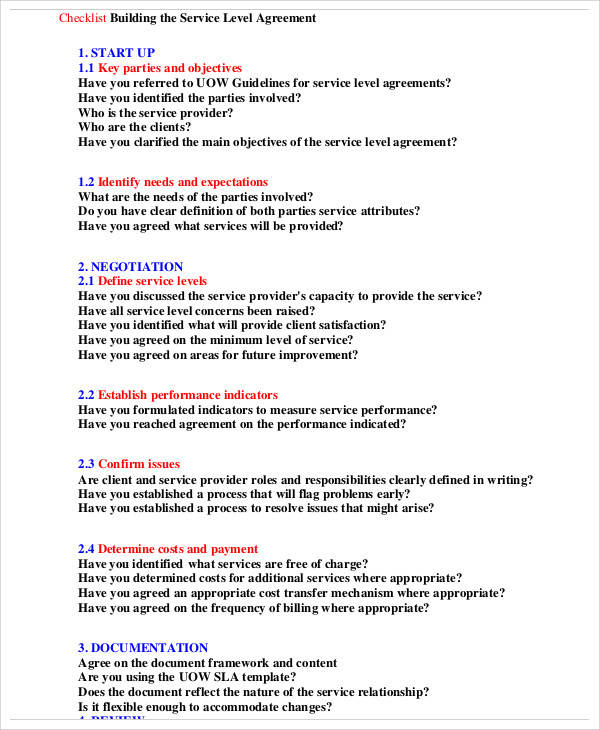 checklist service level agreement