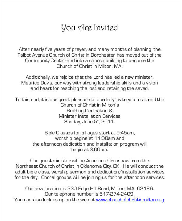 church inauguration invitation letter