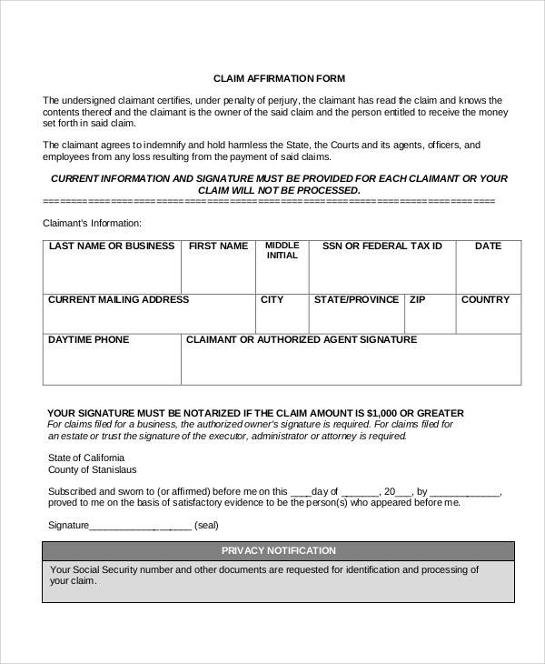 claim affirmation request form