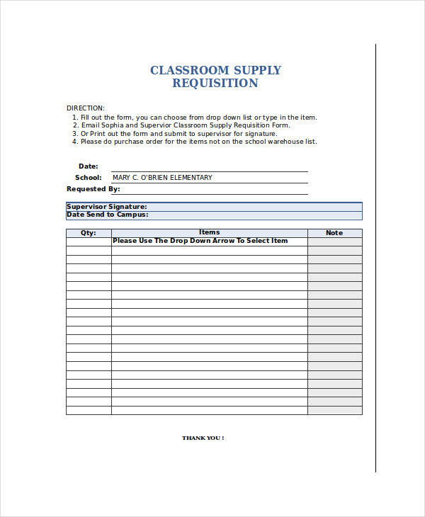 classroom supply requisition form