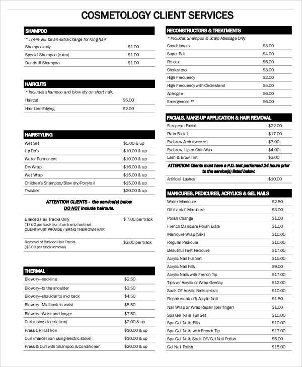 FREE 14+ Salon Price List Samples in MS Word PDF