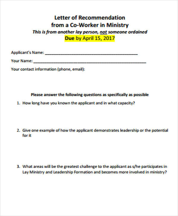 co worker in ministry recommendation letter in pdf