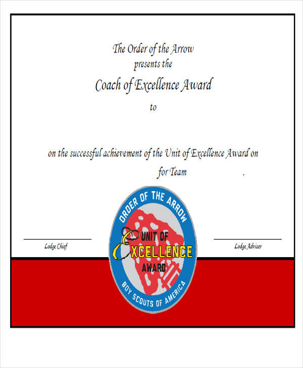 coach excellence award certificate