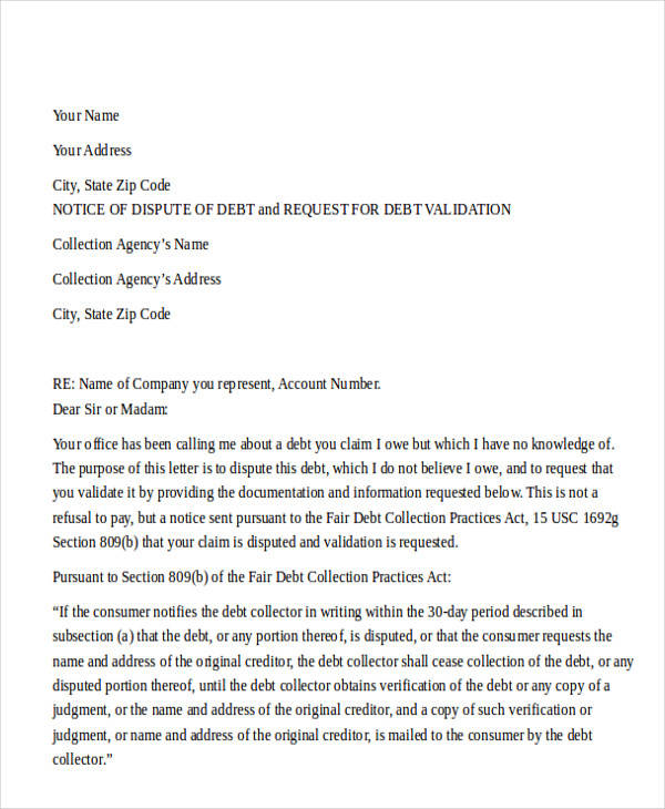 collection agency dispute letter