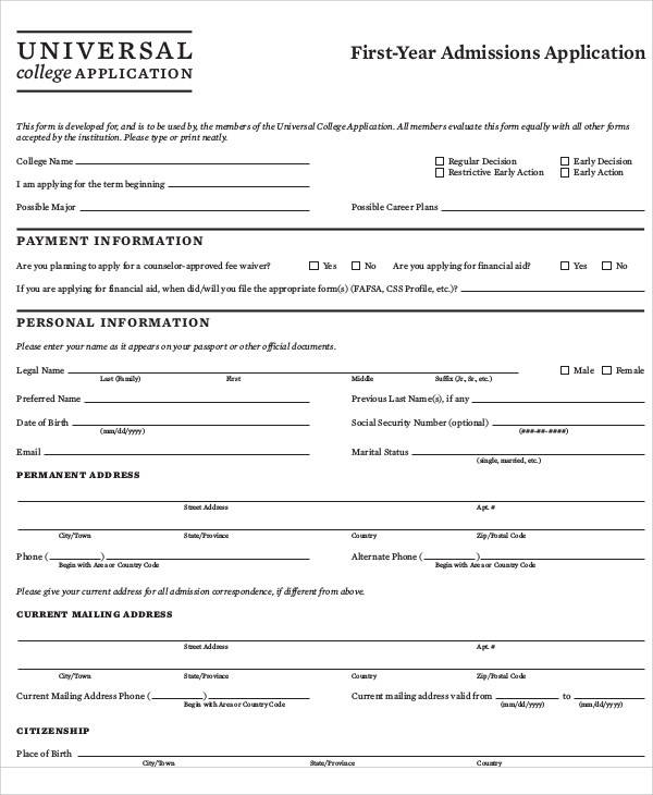 college application admissions form