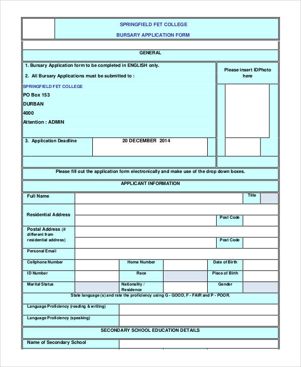 college bursary application form