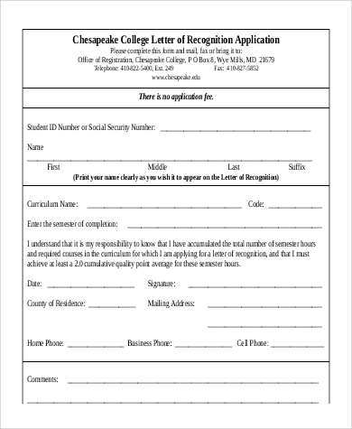 college letter of recognition application