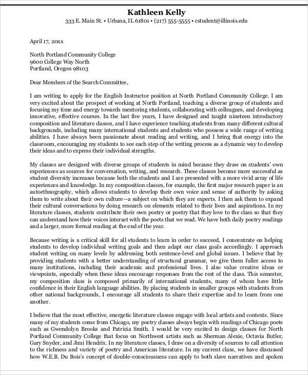 college student application letter