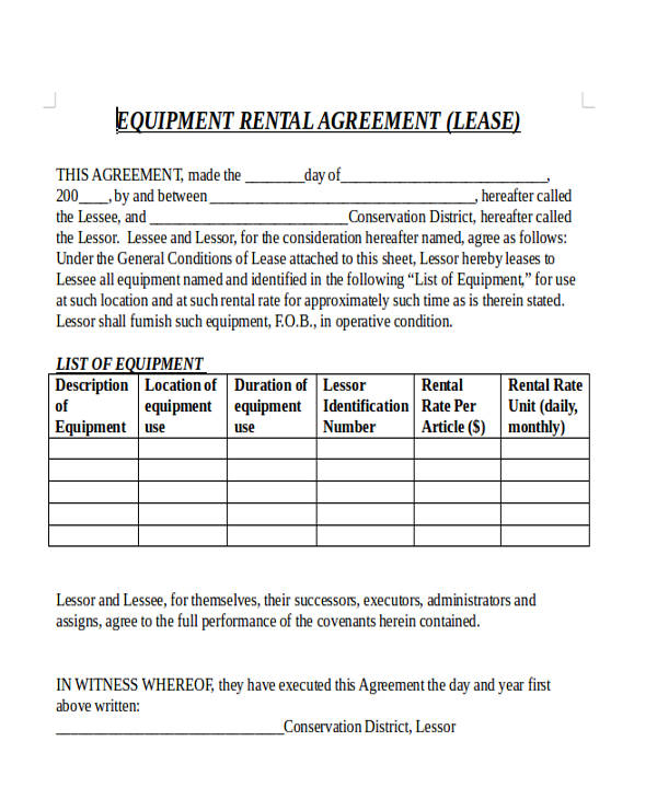 commercial equipment rental lease agreement