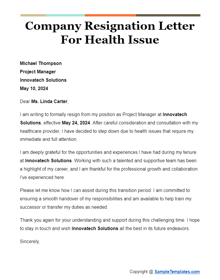 company resignation letter for health issue