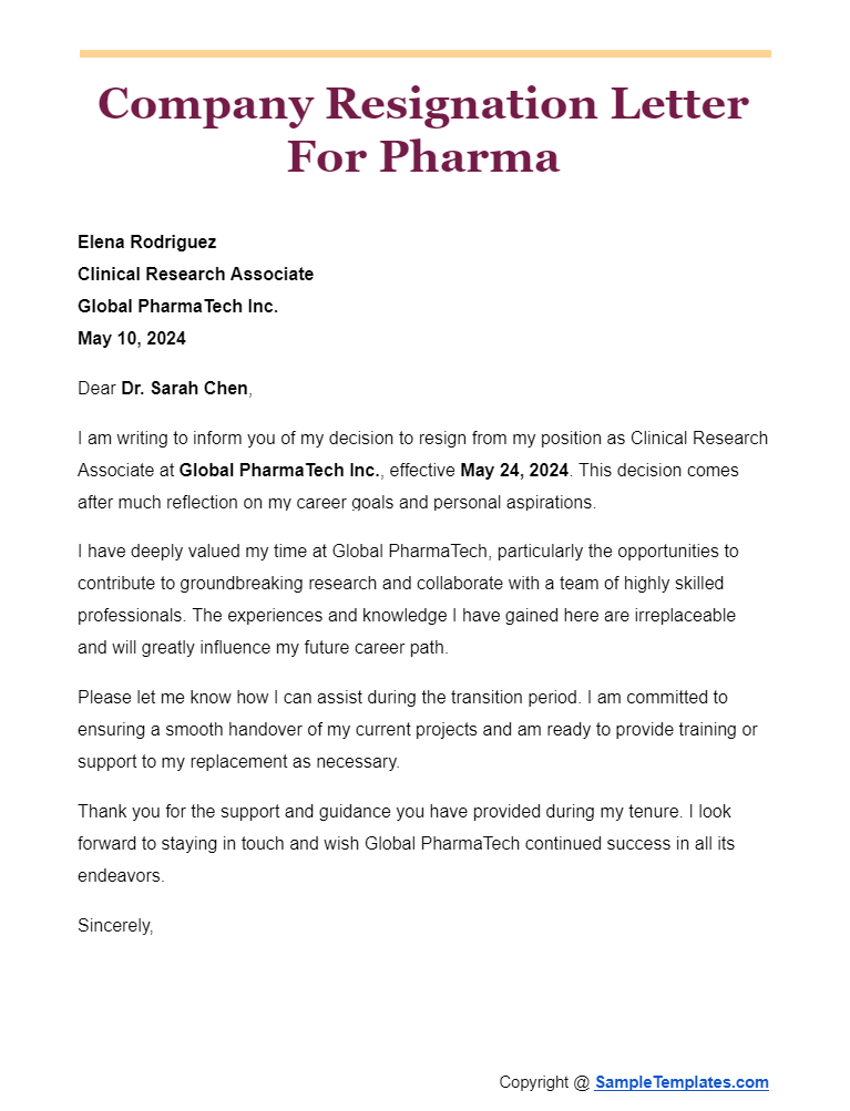 company resignation letter for pharma