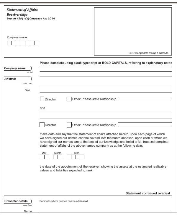 company statement of affairs form