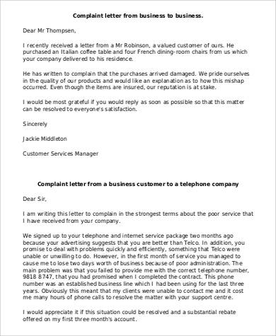 complaint letter from business to business